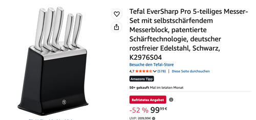 Tefal K2976S04 EverSharp Pro 5-teiliges Messer-Set mit selbstschärfendem Messerblock