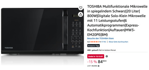 Toshiba MW3-EM20PE(BM) Multifunktionale Mikrowelle in spiegelndem Schwarz Toshiba MW3-EM20PE(BM) Multifunktionale Mikrowelle in spiegelndem Schwarz