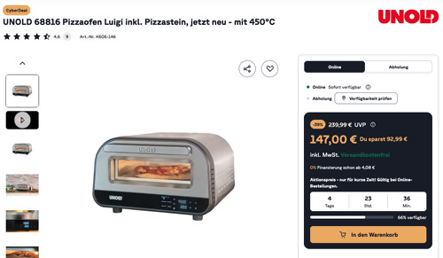 UNOLD 68816 Pizzaofen Luigi inkl. Pizzastein, bis 450°C UNOLD 68816 Pizzaofen Luigi inkl. Pizzastein, bis 450°C