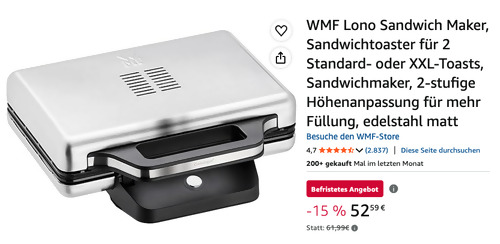 WMF Lono Sandwich Maker für 2 Standard- oder XXL-Toasts WMF Lono Sandwich Maker für 2 Standard- oder XXL-Toasts