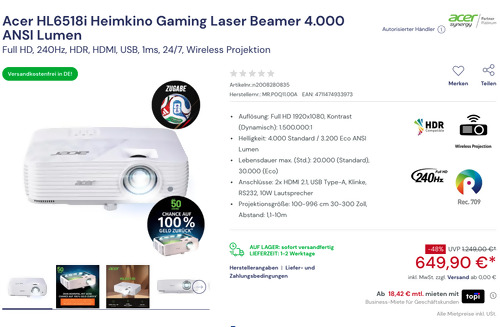 Acer HL6518i Heimkino Gaming Laser Beamer 4.000 ANSI Lumen