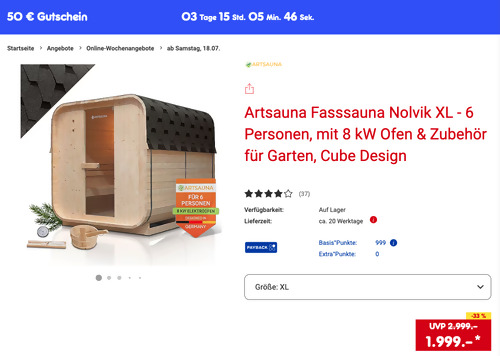 Artsauna Fasssauna Nolvik XL mit 8 kW Ofen & Zubehör