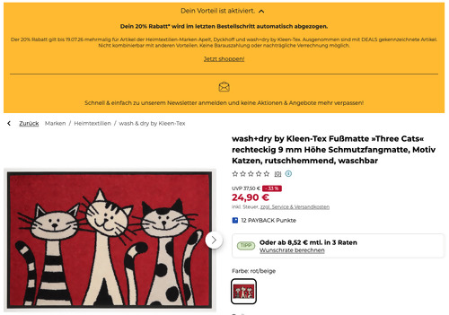 Baur.de - 20% Rabatt auf Heimtextilien: z.B. wash+dry by Kleen-Tex 40 x 60cm Fußmatte »Three Cats« Baur.de - 20% Rabatt auf Heimtextilien: z.B. wash+dry by Kleen-Tex 40 x 60cm Fußmatte »Three Cats«