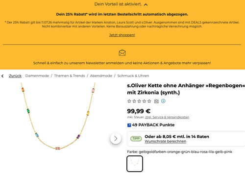 Baur.de - 25% Rabatt auf Aniston, Laura Scott und s.Oliver.: z.B. s.Oliver Kette ohne Anhänger »Regenbogen« mit Zirkonia (synth.) - jetzt 25% billiger Baur.de - 25% Rabatt auf Aniston, Laura Scott und s.Oliver.: z.B. s.Oliver Kette ohne Anhänger »Regenbogen« mit Zirkonia (synth.) - jetzt 25% billiger
