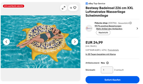 Bestway 43391 Mediterrane Sonne Luftmatratze 226 x 226 cm Bestway 43391 Mediterrane Sonne Luftmatratze 226 x 226 cm
