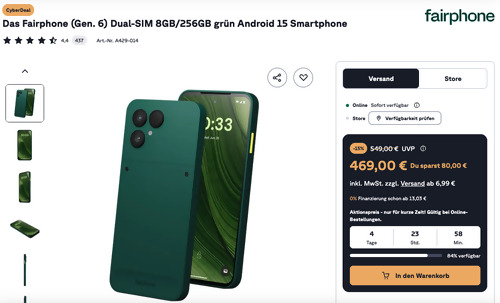 Das Fairphone (Gen. 6) Dual-SIM 8GB/256GB grün Android 15 Smartphone - jetzt 10% billiger Das Fairphone (Gen. 6) Dual-SIM 8GB/256GB grün Android 15 Smartphone - jetzt 10% billiger