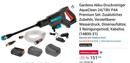 Gardena 14800-31 Akku-Druckreiniger AquaClean 24/18V P4A Premium Set Gardena 14800-31 Akku-Druckreiniger AquaClean 24/18V P4A Premium Set