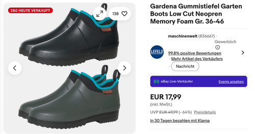 Gardena Gummistiefel Low Cut, versch. Farben und Größen Gardena Gummistiefel Low Cut, versch. Farben und Größen