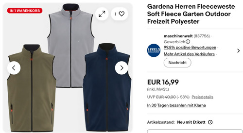 Gardena Herren Fleeceweste in versch. Farben und Größen - jetzt 53% billiger Gardena Herren Fleeceweste in versch. Farben und Größen - jetzt 53% billiger