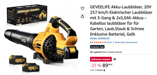 GEVEELIFE 20V 257 km/h Akku-Laubbläser in Gelb inkl. 2x5,0Ah Akkus GEVEELIFE 20V 257 km/h Akku-Laubbläser in Gelb inkl. 2x5,0Ah Akkus