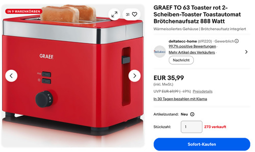 GRAEF TO 63 2-Scheiben-Toaster in Rot - jetzt 28% billiger GRAEF TO 63 2-Scheiben-Toaster in Rot - jetzt 28% billiger