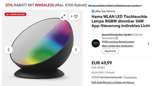 Hama WLAN LED Tischleuchte RGBW 36W in Schwarz Hama WLAN LED Tischleuchte RGBW 36W in Schwarz