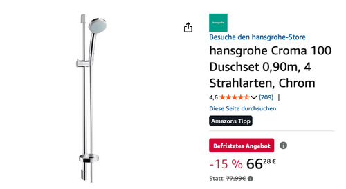 hansgrohe 27771000 Croma 100 Duschset (90cm, 4 Strahlarten, Chrom)