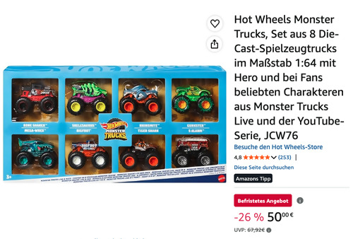 Hot Wheels JCW76 Monster Trucks Die-Cast 1:64 8er-Pack - jetzt 11% billiger Hot Wheels JCW76 Monster Trucks Die-Cast 1:64 8er-Pack - jetzt 11% billiger