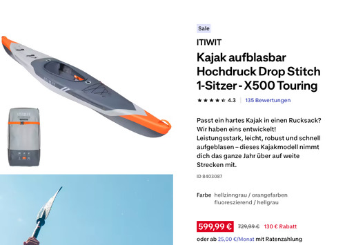ITIWIT Kajak aufblasbar Hochdruck Drop Stitch 1-Sitzer - X500 Touring