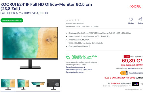 KOORUI E2411F 60,5 cm (23,8 Zoll) Full HD Office-Monitor