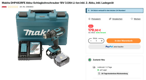 Makita DHP482RFE Akku-Schlagbohrschrauber 18V 3.0Ah Li-Ion inkl. 2. Akku und Ladegerät