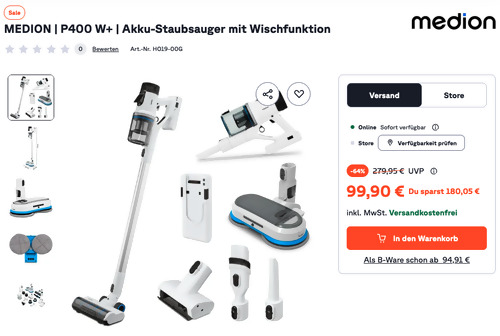 MEDION | P400 W+ Akku-Staubsauger mit Wischfunktion MEDION | P400 W+ Akku-Staubsauger mit Wischfunktion