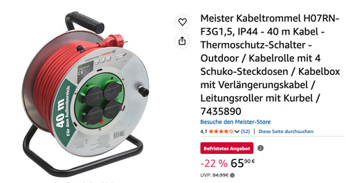 Meister 7435890 IP44 40 m Kabeltrommel mit 4 Schuko-Steckdosen Meister 7435890 IP44 40 m Kabeltrommel mit 4 Schuko-Steckdosen
