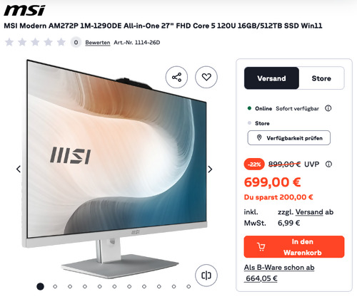 MSI Modern AM272P 1M-1290DE 27" All-in-One PC (Core 5 120U 16GB/512TB SSD Win11