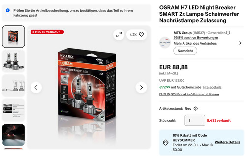 OSRAM H7 LED Night Breaker SMART Lampe Scheinwerfer 2er Set OSRAM H7 LED Night Breaker SMART Lampe Scheinwerfer 2er Set
