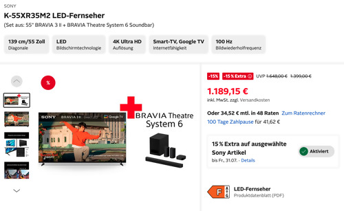 Otto.de - 15% Rabatt auf Sony: z.B. SONY K-55XR35M2 BRAVIA 3 II LED-Fernseher + BRAVIA Theatre System 6 Soundbar Otto.de - 15% Rabatt auf Sony: z.B. SONY K-55XR35M2 BRAVIA 3 II LED-Fernseher + BRAVIA Theatre System 6 Soundbar