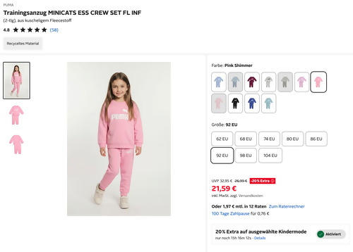 Otto.de - 20% Rabatt auf ausgewählte Kindermode: z.B. PUMA Trainingsanzug MINICATS ESS CREW SET FL INF, 92 - 104