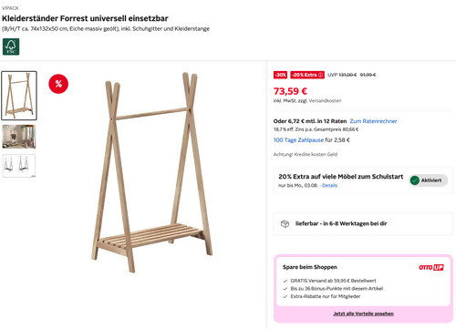 Otto.de - 20% Rabatt auf Möbel zum Schulstart: z.B. VIPACK Kleiderständer Forrest Otto.de - 20% Rabatt auf Möbel zum Schulstart: z.B. VIPACK Kleiderständer Forrest