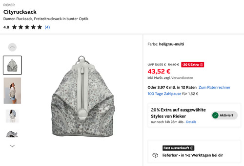 Otto.de - 20% Rabatt auf Rieker: z.B. RIEKER Damen Cityrucksack in bunter Optik Otto.de - 20% Rabatt auf Rieker: z.B. RIEKER Damen Cityrucksack in bunter Optik