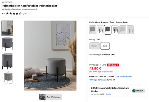Otto.de - 20% Rabatt auf Sofas, Sessel und Hocker: z.B. SALESFEVER Polsterhocker in Grau/Schwarz - jetzt 20% billiger Otto.de - 20% Rabatt auf Sofas, Sessel und Hocker: z.B. SALESFEVER Polsterhocker in Grau/Schwarz - jetzt 20% billiger