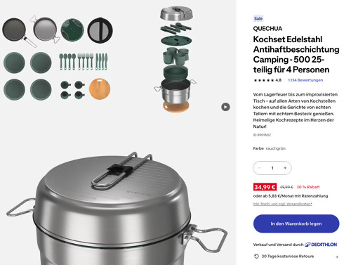 QUECHUA Kochset Edelstahl Antihaftbeschichtung Camping - 500 25-teilig für 4 Personen