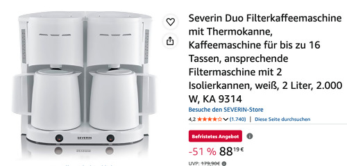 Severin KA 9314 Duo-Filterkaffeemaschine mit Thermokanne Severin KA 9314 Duo-Filterkaffeemaschine mit Thermokanne