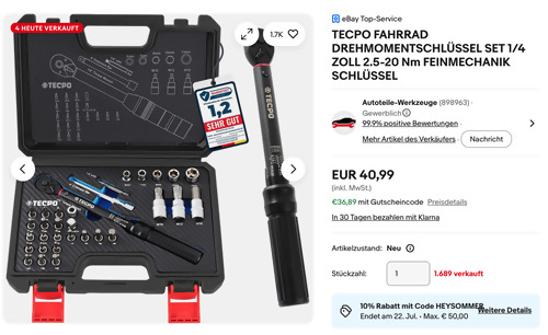 TECPO 300354 1/4" Fahrrad Drehmomentschlüssel Set - jetzt 10% billiger TECPO 300354 1/4" Fahrrad Drehmomentschlüssel Set - jetzt 10% billiger