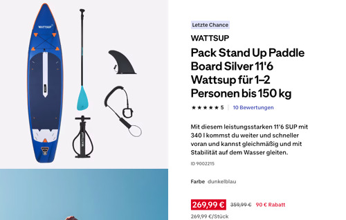 WATTSUP Pack Stand Up Paddle Board Silver 11'6 für 12 Personen bis 150 kg