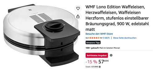 WMF Lono Edition Waffeleisen (Herzform, 900 W, Edelstahl matt) WMF Lono Edition Waffeleisen (Herzform, 900 W, Edelstahl matt)