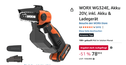 WORX WG324E 20V 12 cm Akku Mini-Kettensäge inkl. Akku & Ladegerät