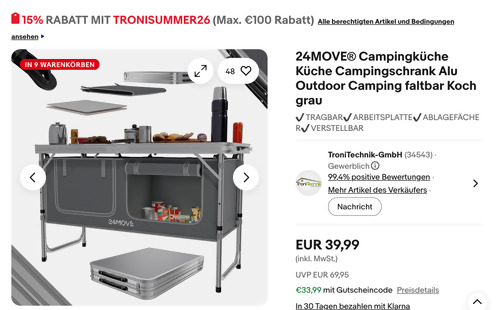 24MOVE Campingküche PRAIA in Grau, 120 x 47 x 54/62/70 cm