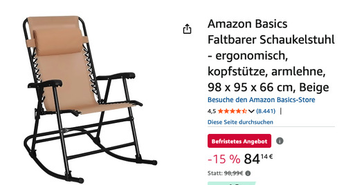 Amazon Basics Faltbarer Schaukelstuhl in Beige, 98 x 95 x 66 cm