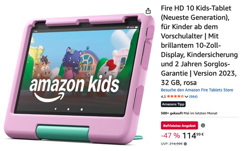 Amazon Fire HD 10 Kids-Tablet (Neueste Generation) Version 2023 in Rosa (10 Zoll, 32 GB) - jetzt 26% billiger Amazon Fire HD 10 Kids-Tablet (Neueste Generation) Version 2023 in Rosa (10 Zoll, 32 GB) - jetzt 26% billiger