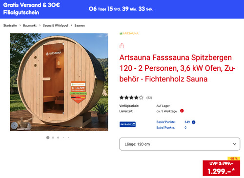 Artsauna Fasssauna Spitzbergen 120 mit 3,6 kW Ofen und Zubehör inkl. 30 Netto Marken-Discount Filialgutschein - jetzt 2% billiger Artsauna Fasssauna Spitzbergen 120 mit 3,6 kW Ofen und Zubehör inkl. 30 Netto Marken-Discount Filialgutschein - jetzt 2% billiger