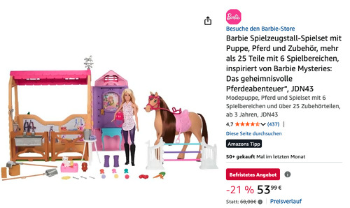 Barbie JDN43 Spielzeugstall-Spielset mit Puppe, Pferd und Zubehör Barbie JDN43 Spielzeugstall-Spielset mit Puppe, Pferd und Zubehör
