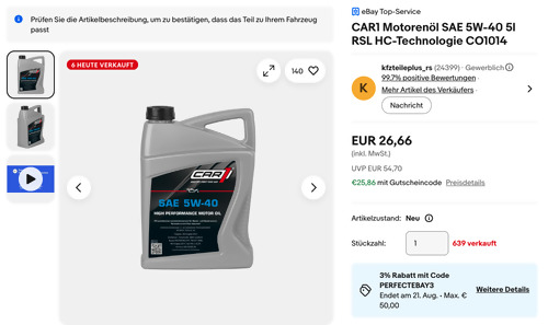 CAR1 Motorenöl SAE 5W-40 5l RSL HC-Technologie CO1014
