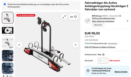cartrend Kupplungs-Fahrradträger Alu Active für 2 Fahrräder