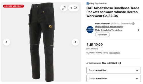 CAT Herren Arbeitshose Trade Pockets in Schwarz, 32-36 CAT Herren Arbeitshose Trade Pockets in Schwarz, 32-36