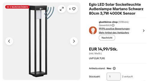 Eglo LED Solar Sockelleuchte "Martano" (80cm 3,7W 4000K Sensor) - jetzt 44% billiger Eglo LED Solar Sockelleuchte "Martano" (80cm 3,7W 4000K Sensor) - jetzt 44% billiger