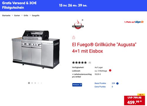 El Fuego Grillküche "Augusta" 4+1 mit Eisbox inkl. 30 Netto Marken-Discount Filialgutschein - jetzt 6% billiger El Fuego Grillküche "Augusta" 4+1 mit Eisbox inkl. 30 Netto Marken-Discount Filialgutschein - jetzt 6% billiger