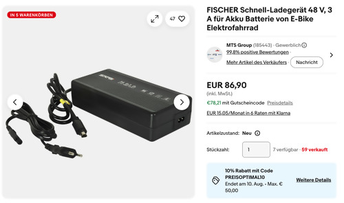 FISCHER 50062 Schnell-Ladegerät 48 V / 3 A für Akku von E-Bike - jetzt 10% billiger FISCHER 50062 Schnell-Ladegerät 48 V / 3 A für Akku von E-Bike - jetzt 10% billiger