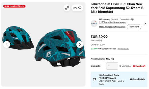 FISCHER Fahrradhelm Urban New York S/M - jetzt 15% billiger FISCHER Fahrradhelm Urban New York S/M - jetzt 15% billiger