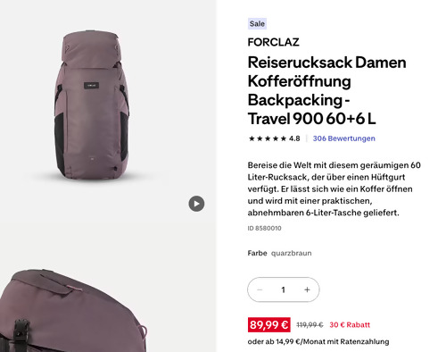 FORCLAZ Reiserucksack Damen Kofferöffnung Backpacking - Travel 900 60+6 L quarzbraun