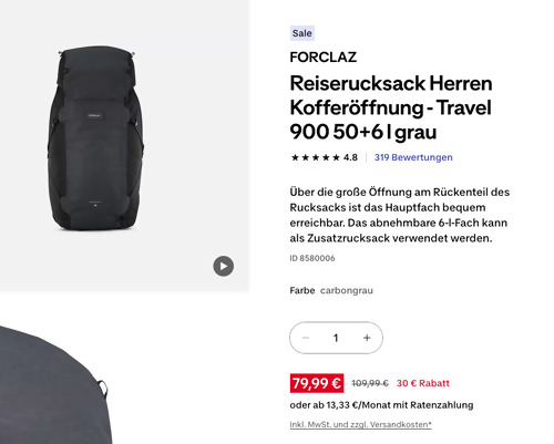 FORCLAZ Reiserucksack Herren Kofferöffnung - Travel 900 50+6 l grau